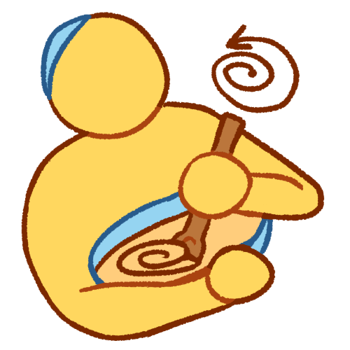A bust of a plain emoji yellow person, wearing a light blue kippah, holding a blue bowl of generic tan food in one arm and a spoon in the other hand, which is being used to stir the food. Next to them is an arrow in a spiral shape.